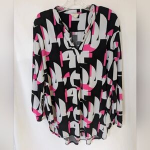 Pink White Black Geometric Print Ladies Long Sleeve Pullover Top XL